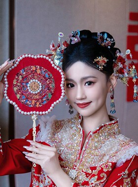 团扇新娘结婚diy材料扇子秀禾婚扇喜扇婚礼高级中式成品刺绣双面