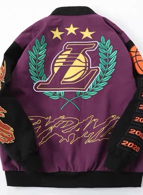 2025新款湖人欧美职棒球服棉衣blackair纯棉机车长袖字母刺绣外套