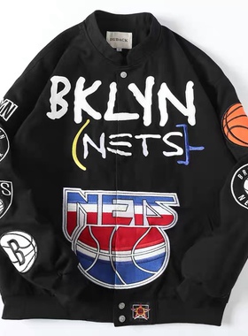 dudack2024春秋新款NBA篮网队潮牌男女棒球服宽松刺绣外套