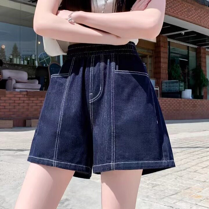松紧腰阔腿牛仔短裤女2025夏季新款韩版休闲宽松显瘦百搭高腰A字