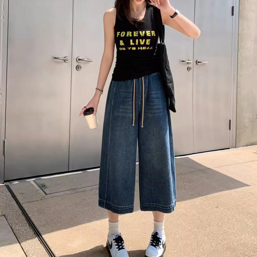 牛仔短裤女夏季港风宽松直筒潮牌潮流阔腿八分裤工装休闲百搭裤子