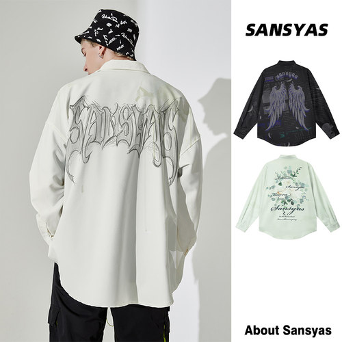 木村三社SANSYAS 复古数码印花宽松休闲长袖衬衫