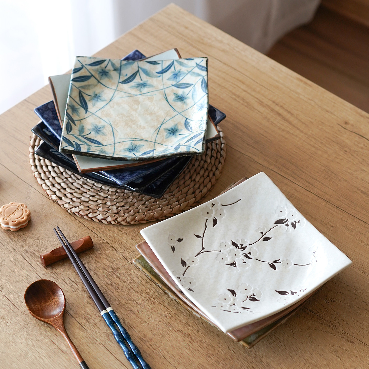 日式方盘陶瓷家用正方形盘子 复古四方盘凉菜碟点心碟釉下彩餐盘