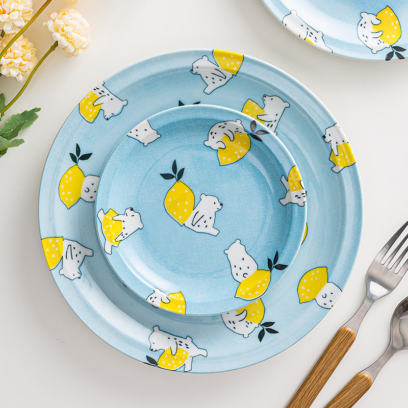 釉下彩盘子可爱柠檬熊儿童餐具 早餐盘子高颜值家用菜盘平盘深盘,餐饮具,盘,淘宝优惠券,粉丝福利购,淘宝优惠卷