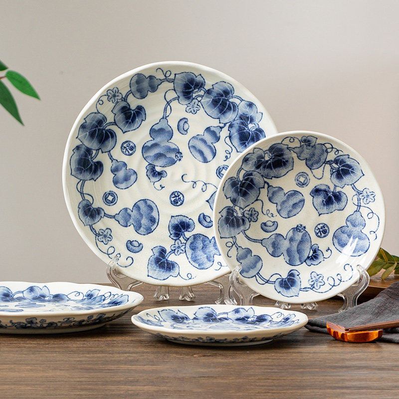 日本福葫芦盘子菜盘新款陶瓷餐具复古釉下彩餐盘碟子家用汤盘深盘,餐饮具,盘,淘宝优惠券,粉丝福利购,淘宝优惠卷