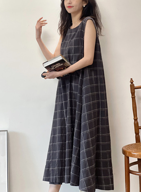 03/21 日系复古方格棉麻背心连衣裙春装小个子百搭裙子春季新款