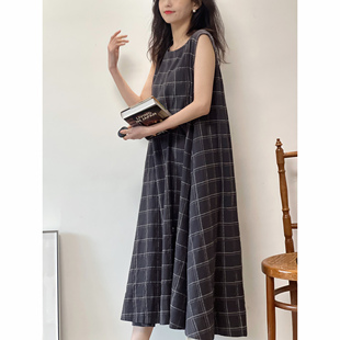 03/21 日系复古方格棉麻背心连衣裙春装小个子百搭裙子春季新款