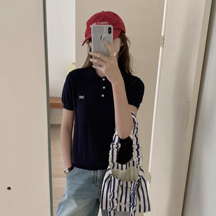 正肩上衣 学院风polo领刺绣纯棉针织衫 短袖 t恤女夏短款 甜辣妹美式