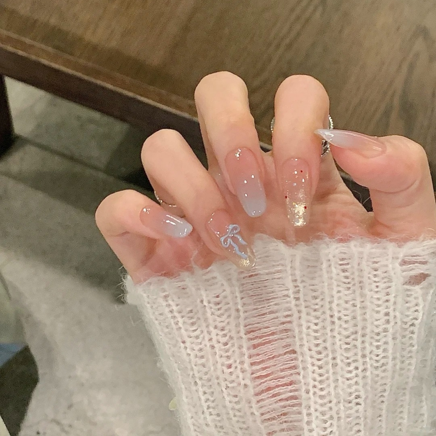 夏天冰蓝渐变美甲手工穿戴甲中长