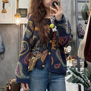 复古慵懒风软糯羊驼绒圆领开衫宽松大码外套小众高级别致针织上衣