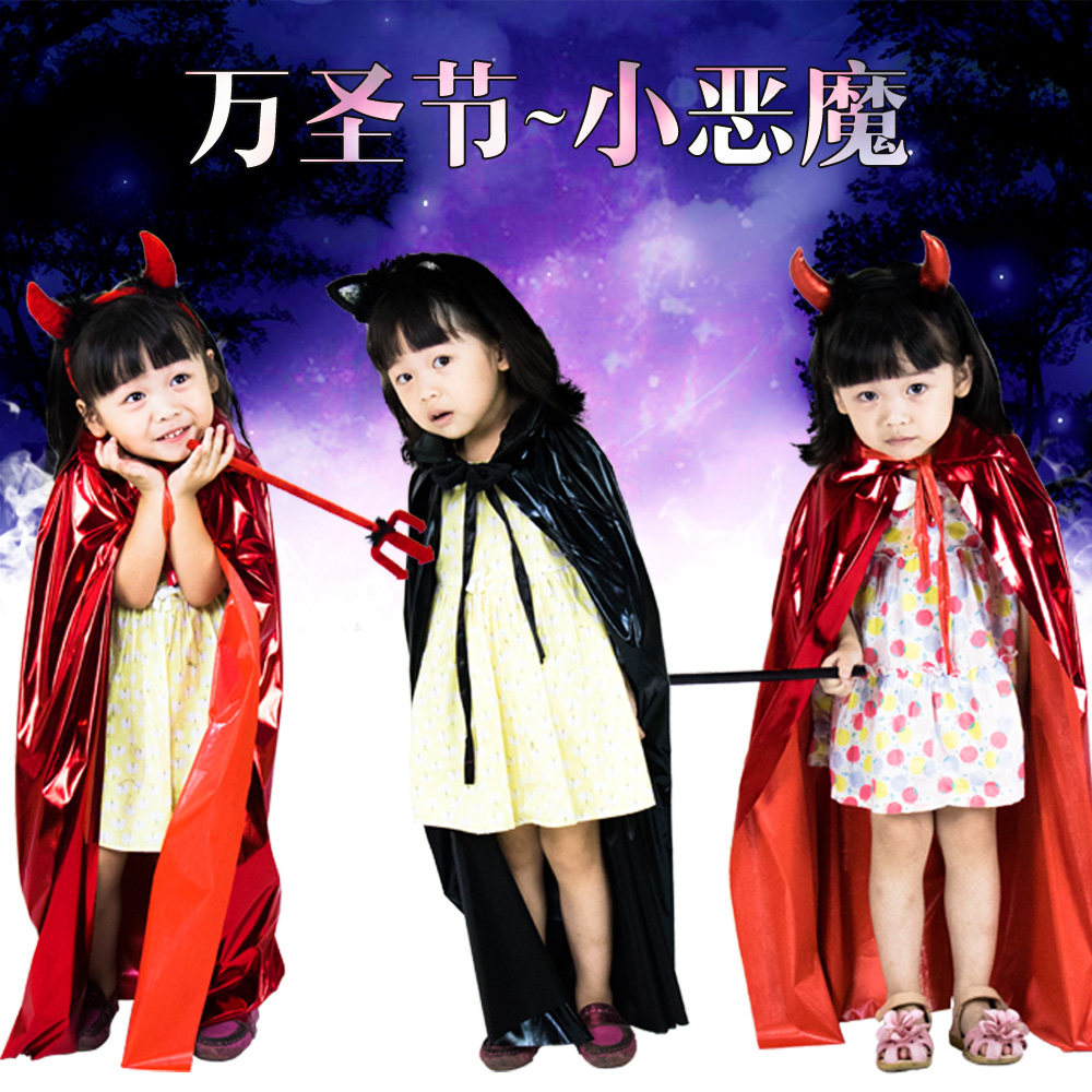 万圣节女童服装披风斗篷儿童COS化装舞会小女孩小恶魔小黑猫套装
