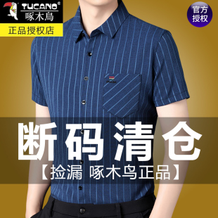 啄木鸟男士衬衫短袖冰丝亚麻夏季新款中年爸爸商务休闲竖条纹衬衣