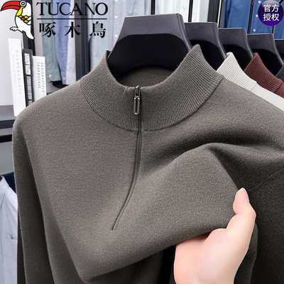 啄木鸟羊毛加厚毛衣男秋冬季半高领拉链中年爸爸装男士打底针织衫