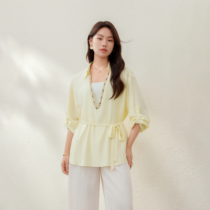 【时髦设计感系带收腰百搭衬衫】纤莉秀大码女装胖mm2025夏装新款