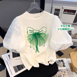 女童立体蝴蝶结泡泡袖t恤