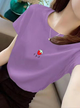 夏季紫色纯棉体恤衫2025年韩版短袖t恤女ins时尚宽松半袖打底上衣