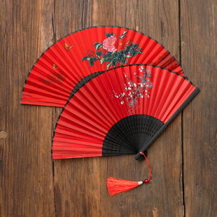 跳舞扇子古风汉服旗袍儿童红色古典扇子折扇中国风小女学生舞蹈扇