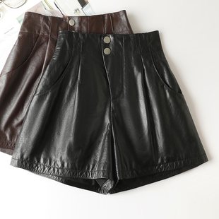 女秋新款 头层牛皮真皮短裤 高腰a字阔腿百搭显瘦不对称欧货皮短裤
