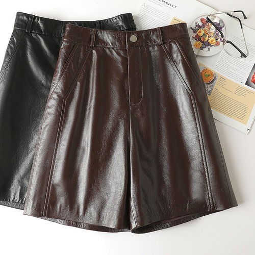 秋冬新款头层牛皮皮裤女高腰阔腿短裤五分裤宽松中裤女显瘦百搭潮