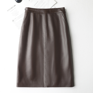 绵羊皮真皮皮裙半身裙女新款 开叉OL直筒包臀裙 高腰显瘦百搭中长款