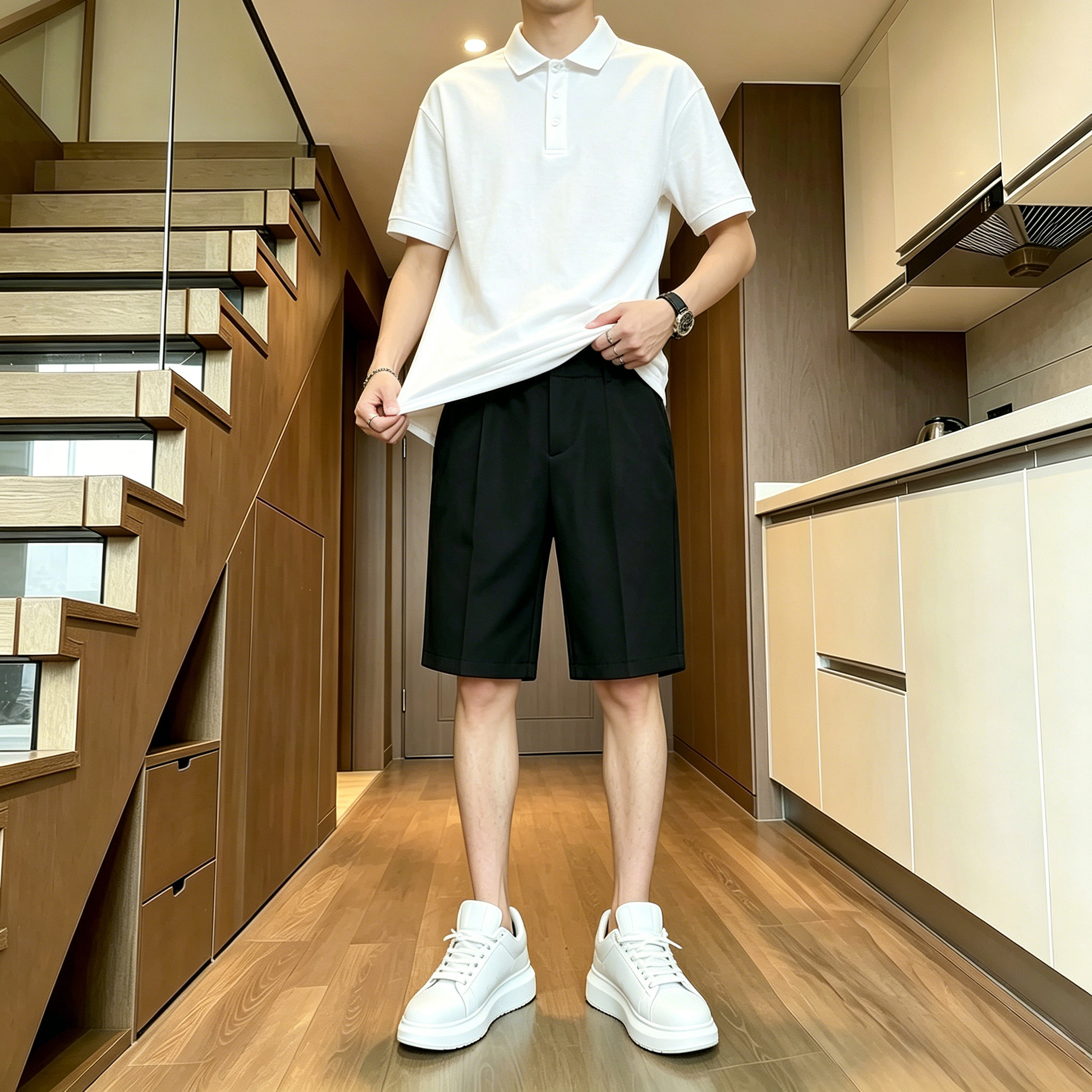 轻奢西装短裤男五分西裤POLO衫夏季薄款韩版潮流冰凉休闲中裤套装