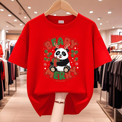 Merry Christmas圣诞主图圣诞老人麋鹿红色儿童短袖T恤喜庆新年服