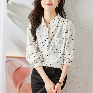 初春韩系气质衬衫女土长袖休闲波点白底黑点印花村杉衣灯笼袖寸衫