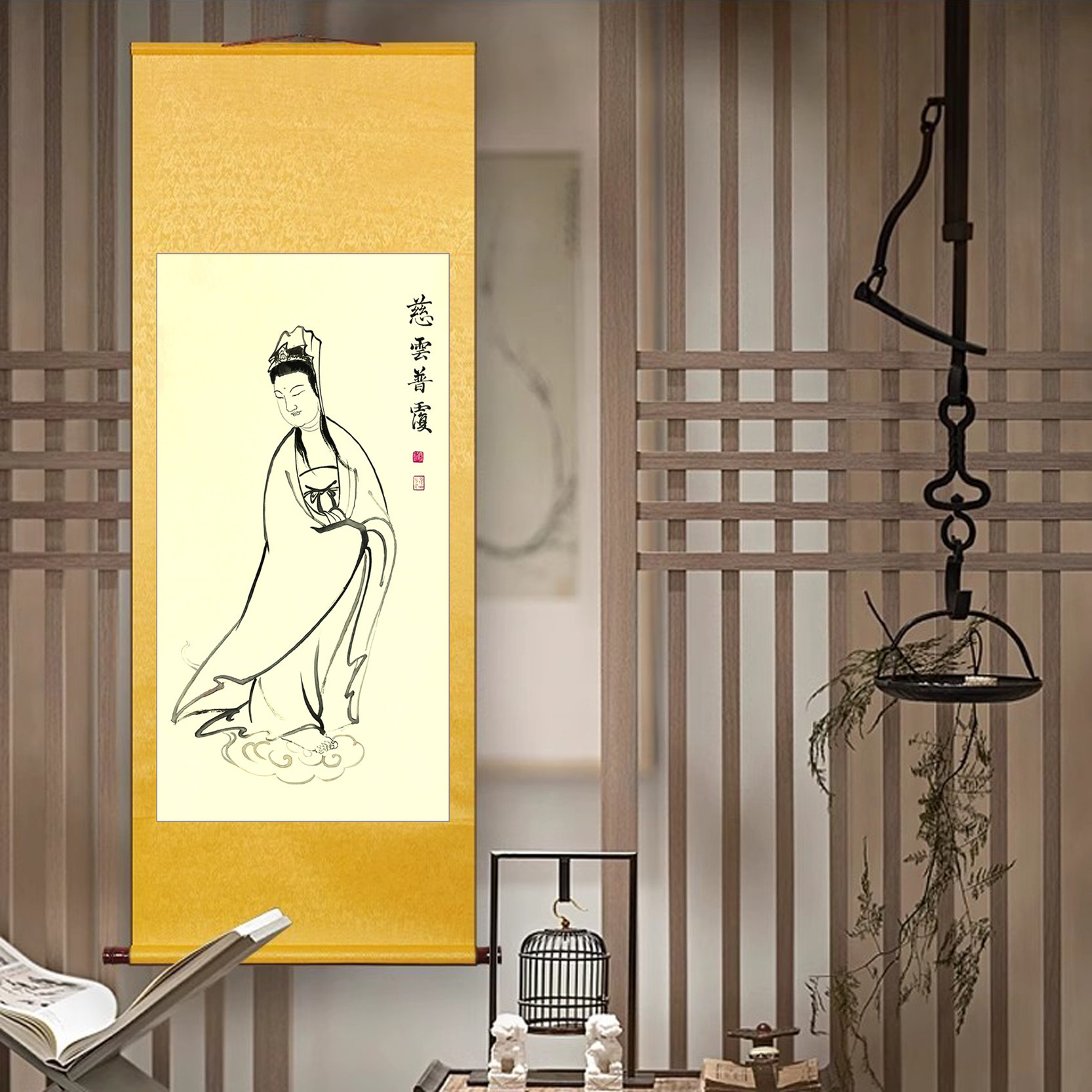 名家国画纯手绘水墨佛观音菩萨如来佛像净瓶观音布袋和尚茶室挂画