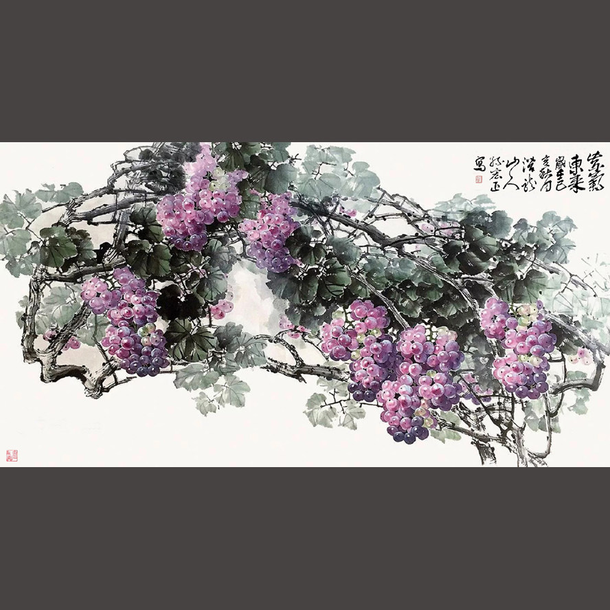 新中式国画葡萄朵莲精舍纯手绘