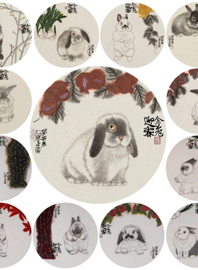 朵莲精舍国画扇面纯手绘兔子工笔