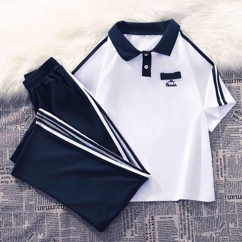 秋季套装女polo学院风校服学生装短袖上衣休闲宽松运动长裤两件套
