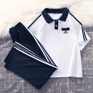秋季套装女polo学院风校服学生装短袖上衣休闲宽松运动长裤两件套