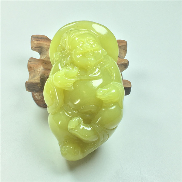 天然玉石岫玉黄玉财神手把件