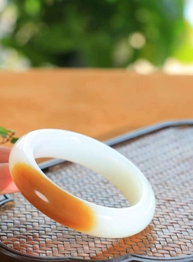 糖白玉扁条手镯羊脂玉糖白手镯半白半糖玉真玉石镯子女款54-61mm