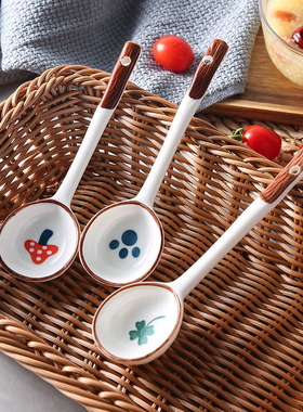 五里铺严选日式长柄陶瓷勺子手绘釉下彩网红汤勺卡通可爱甜品勺