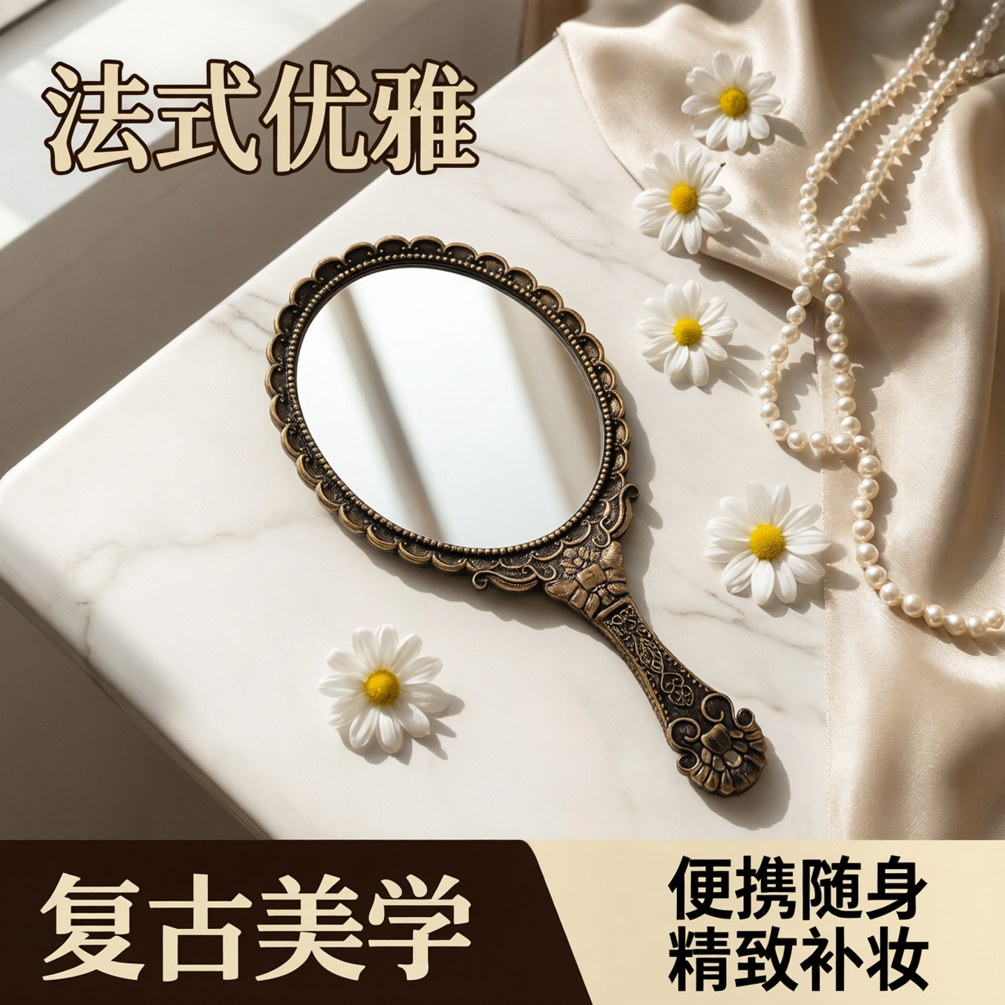 ins风网红复古手持化妆镜女便携随身携带小镜子手拿补妆镜手柄镜