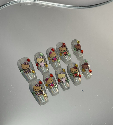 穿戴甲手工定制美甲贴纸美甲贴钻美甲卡通黑皮kitty镭射