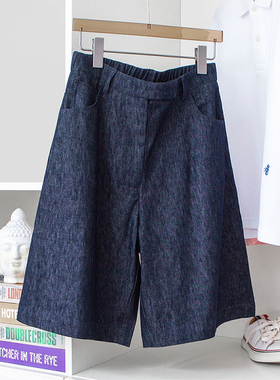 简约显瘦A字 复古蓝色舒爽透气亚麻半松紧腰五分裤休闲中裤25春夏