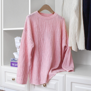 Blingbling闪烁珠片金丝编织套头圆领宽松直筒羊毛毛衣中厚针织衫