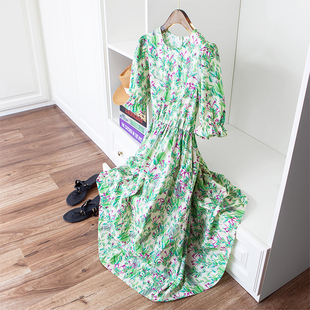 清新绿色印花 松紧收腰好比例圆领X形泡泡短袖全棉公主连衣裙夏