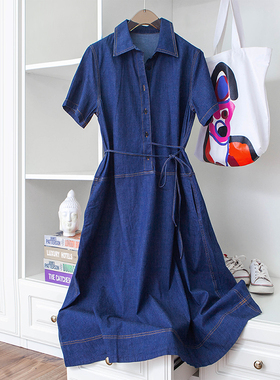 复古靛蓝色弹力棉 帅气衬衫领系带收腰X形显瘦牛仔短袖连衣裙25夏
