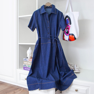 复古靛蓝色弹力棉 帅气衬衫领系带收腰X形显瘦牛仔短袖连衣裙25夏