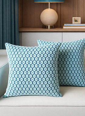 默色空间孔雀蓝3D菱格重磅精织抱枕样板间棉麻沙发高端双面靠垫套