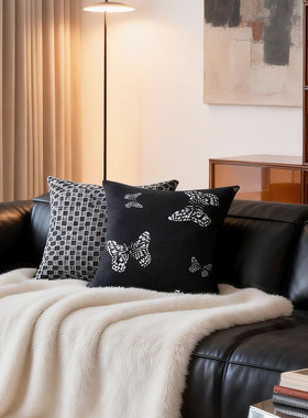 默色空间黑色蝴蝶双面提花抱枕中古风客厅高级感靠垫羽丝棉腰枕