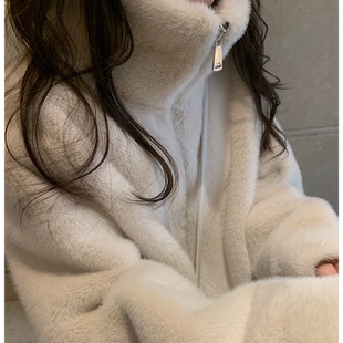 2025冬仿水貂毛毛外套女中长款 环保皮草 皮毛一体加厚宽松高领长袖