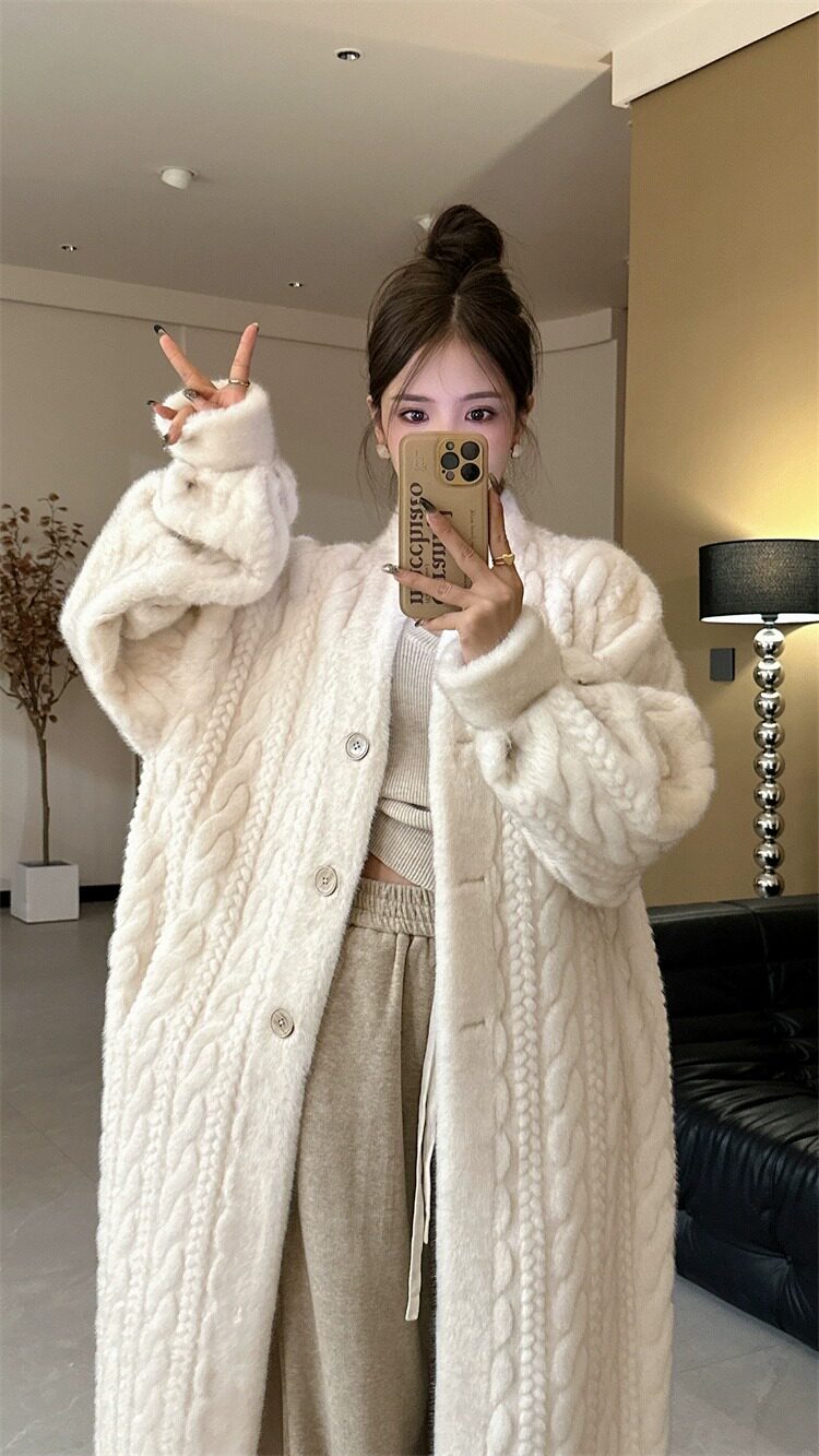 2024秋冬皮毛一体皮草外套女长款过膝麻花皮草水貂毛毛宽松大衣