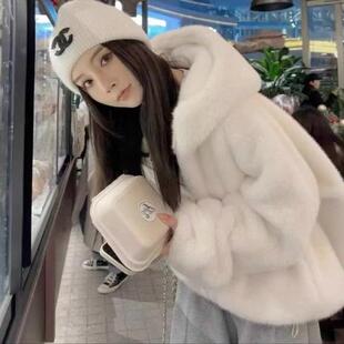 2025冬新款 仿水貂皮毛一体外套女环保皮草白色毛毛外套女宽松加厚