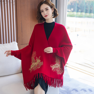 春秋冬季针织披肩带袖子流苏喜婆婆妈妈婚礼配旗袍斗篷外套厚外搭