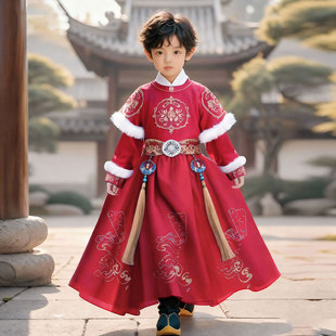 男童汉服唐装冬季加厚拜年服男孩新中式古风加绒冬装儿童国风古装