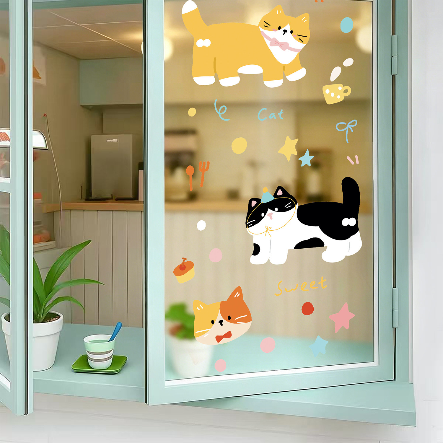 猫狗玻璃贴纸多巴胺咖啡馆奶茶店自拍照镜子装饰橱窗贴画静电窗花